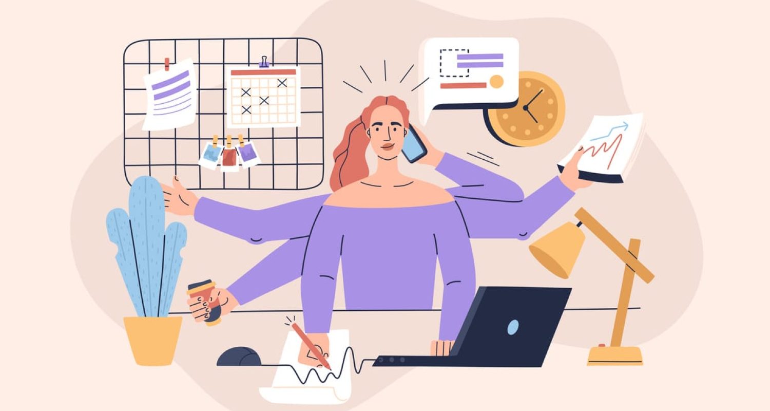 Multitasking girl performs many tasks at the same time. Concept of workplace at home for a freelancer Kommunikatörer
