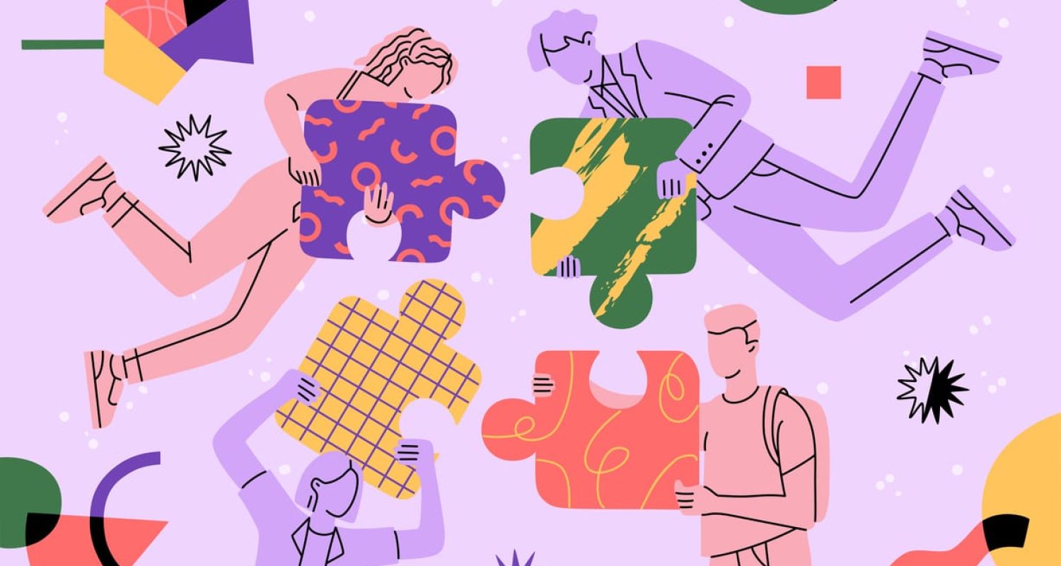 People group flying in abstract space and connecting big puzzle elements Kommunikatörer titlar